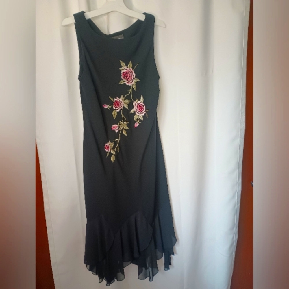 SL Fashions Vintage Y2K Dark Floral Asymmetric Dress S 10 Embroidered Dark Fairy